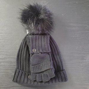 Calvin Klein Faux Fur Pom Pom Hat & Flip-Top Gloves